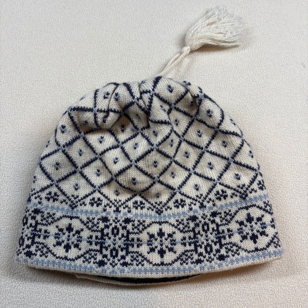 EMS Wool Beanie Hat Ponytail Hole Fair Isle Snowflake Tassel Navy Cream Winter